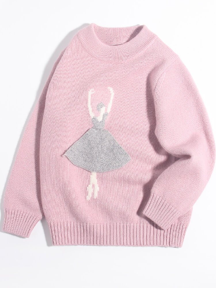 Girls Beige Knit 3D Pink Ballerina Cashmere Pullover Sweater